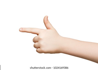 Kid Hand Pointing On Virtual Object With Index Finger, Making Gun Gesture, Isolated On White Background, Close-up