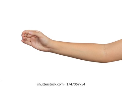 Kid Hand Show Holding Something Like A Bottle Isolated On White Background. Clipping Path Included