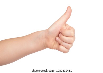 Kid Hand Shows Thumb Up Gesture, Isolated On White Background.