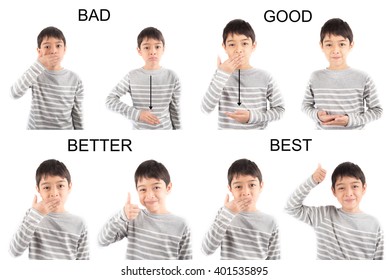 kid hand sign language on white background BAD,GOOD,BETTER,BEST