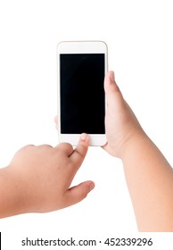 Kid Hand Touch On Mobile Smart Phone With Blank Screen Isolated On White Background