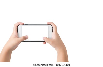 Kid Hands Holding  Smart Phone With Blank White Screen Isolated On White Background , Clipping Path And Copy Space