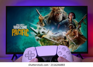 Kid Hands With Playstation 5 Controller Playing Call Of Duty Warzone At TV Screen, 27 Jan, 2022, Sao Paulo, Brazil.