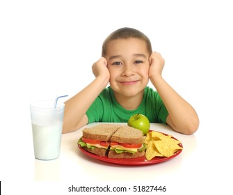 Kid With A Healthy Sandwich Meal, Isolated On White