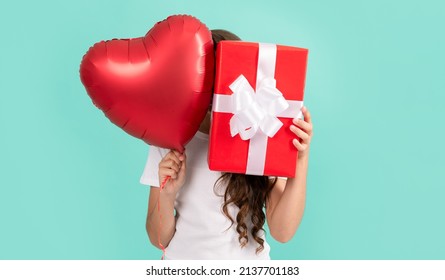 Kid Hiding Behind Present Box And Party Balloon. Teen Girl Has Birthday Gift.