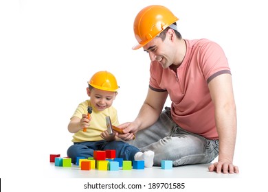 Kid And His Dad Play With Building Blocks