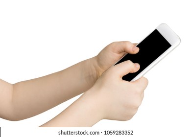 Kid Holding Blank Mobile Phone, Cutout. Child Hand With Modern Smartphone, White Isolated Background, Copy Space On Screen