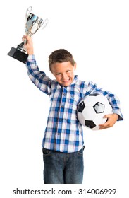 Kid Holding A Football Trophy 