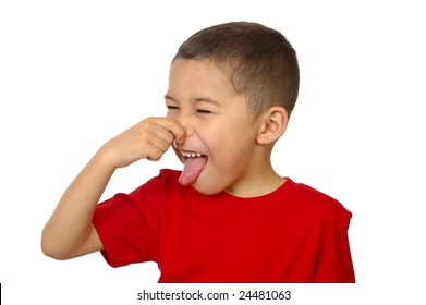 Kid Holding His Nose, Isolated On White