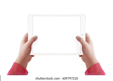 Kid Holding Tablet In Hands, Isolated On White Background