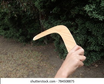 Kid Holding And Throwing A Wood Boomerang On A Park