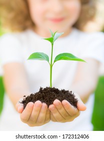 Kid Holding Young Plant In Hands Against Spring Green Background. Ecology Concept