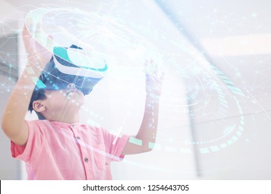 kid at home playing games on virtual reality vr glasses putting hands up neural network and artificial inteligence ai dots design concept
