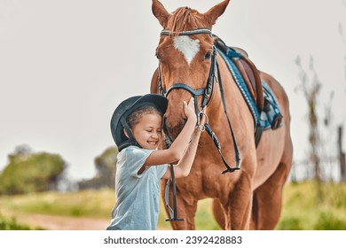 Kid, horse and smile in nature with love, adventure and care with animal, bonding together and relax on farm. Ranch, kid and pet with childhood, freedom or countryside with happiness, stallion or joy - Powered by Shutterstock