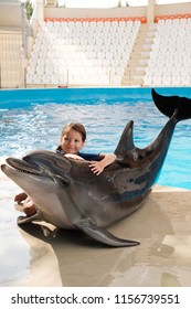 Kid Hugging With Bottlenose Dolphin. Little Girl Embracing Dolphin On Stage. Dolphin Assisted Therapy