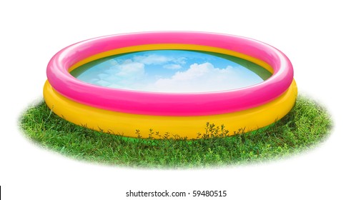  Kid Inflatable Pool On Grass Isolated On White Background