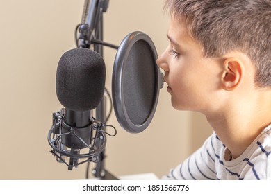 Kid with laptop computer talking into microphone. Techology, online learning, remote education, distance learning at home - Powered by Shutterstock