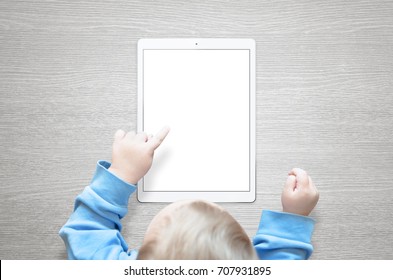 Kid Learn To Use Tablet. Touch Isolated Screen For Mockup.