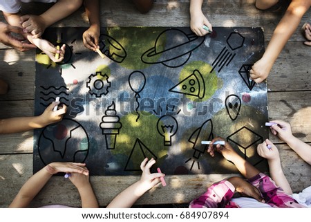 Similar – Image, Stock Photo Young friends looking map over a table