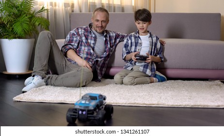 Kid Learning To Drive Car On Radio Control, Expensive Gift From Sunday Father