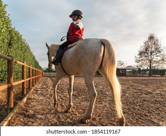 Kid learning horse riding at ranch.
