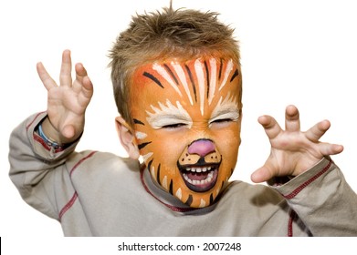 Kid With Lion Painted Face. On White Background.