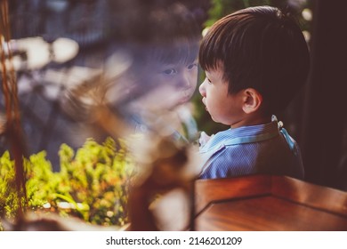 Kid Looking Out Window. Adorable Little Caucasian Kid Boy Stand Still Near Window Glass And Looking To Outside Alone During Bright Sunny Day. Little Child Reflecting Bored And Loneliness At Home