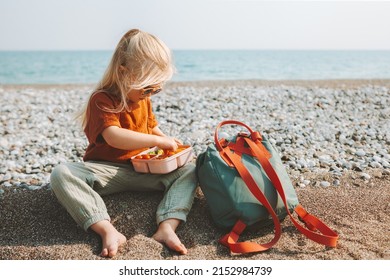 Kid With Lunch Box Eating Healthy Food On Beach Travel Lifestyle Summer Vacations Child With Lunchbox Vegetables Snacks Outdoor Picnic