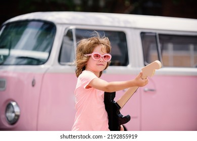 Kid Musician Guitarist Playing Electric Guitar. Fashion American Country Boy Playing Music. Rock Concert.