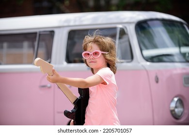 Kid Musician Guitarist Playing Electric Guitar. Fashion American Country Boy Playing Music. Rock Concert.