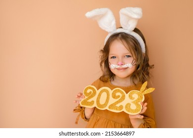 Kid with painted face in guise of rabbit holds number of new year 2023. Zodiac sign according to Eastern Chinese calendar. Cute person dressed up with bunny ears and makeup in anticipation of new year