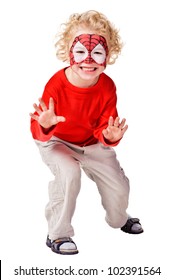 Kid With Painted Face. Isolated Over White Background