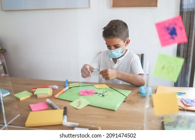 Kid Painting In Preschool Classroom Wearing Safety Mask - Soft Focus On Child Face