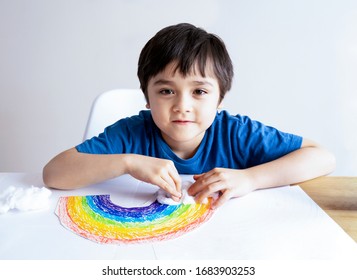 Kid Painting Rainbow On White Paper. DIY Cotton Wool As Decorative Elements For Clouds On Rainbow. Child Stay At Home Social Media Campaign For Coronavirus Prevention Concept