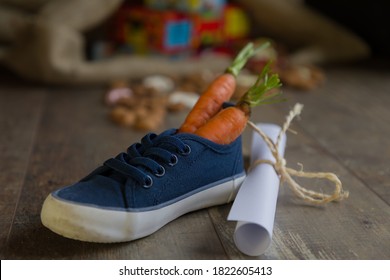 A kid places his shoe and carrots for Amerigo  the horse Sinterklaas   drawing for Sinterklaas  Then he dreams bag full presents   candy 