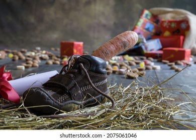 A kid places his shoe and carrots   hay for the horse Amerigo    drawing for Sinterklaas  Then he dreams bag full presents   candy 