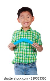 Kid Play With Boomerang Isolate White Background