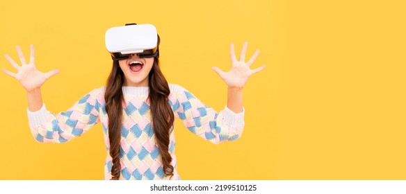 Kid Play Video Game. Digital Future And Innovation. Child In Virtual Reality Goggles. Banner Of Child Girl With Virtual Reality Vr Headset, Studio Portrait With Copy Space.