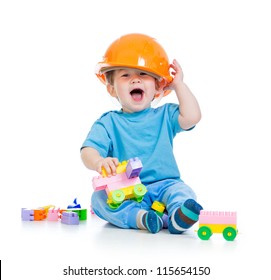 Kid Playing With Building Blocks Toy Isolated On White