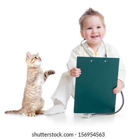 kid playing doctor with cat isolated on white