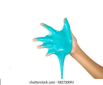 Kid Playing Hand Made Toy Called Slime, Isolated On Withe Background