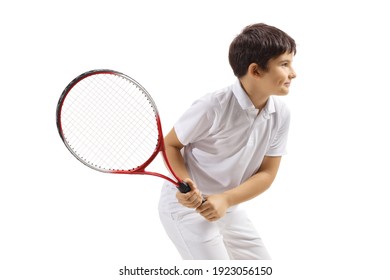 Kid playing tennis isolated on white background