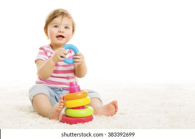 Kid Playing Toys Blocks, Sitting Baby Play Toy On White