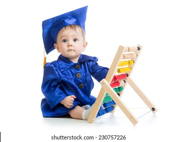 Kid plays with abacus toy. Concept of early learning baby