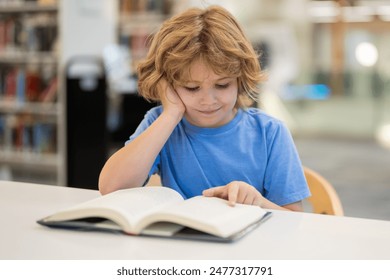 Kid reading book. Child reading book in school library. Learning from books. School education. Back to school Child reading book in a public library. - Powered by Shutterstock