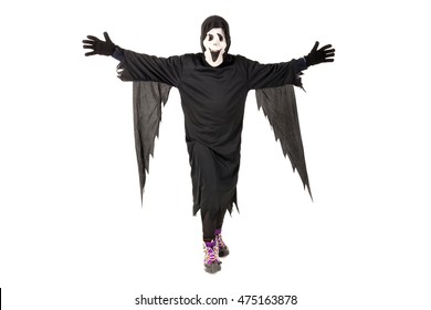 Kid With Reaper Mask In  Halloween Costume Isolated In White