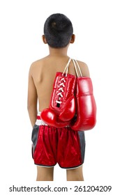Kid with red boxing gloves isolated on white background