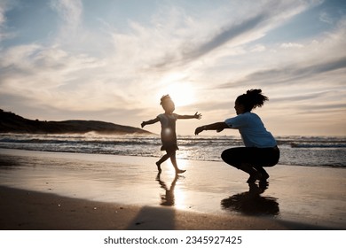 Kid is running to mom, beach and silhouette, family with games and love, travel and freedom together outdoor. People, sunset and adventure, woman and girl bonding on tropical holiday and nature