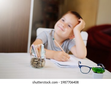 Kid Save Money And Dreaming About New Toys, Making A Wish List, Account Banking For Finance Concept. Turkish Lira Coins In Glass Jar And Banknotes