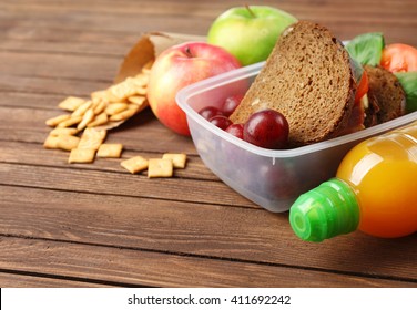 Kid School Lunch On Wooden Background